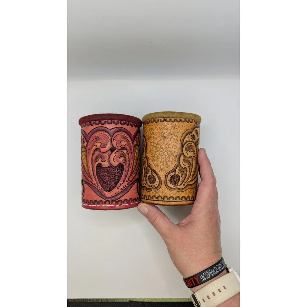 Vintage Hand Tooled Leather Can Koozies Set of 2 Western Floral Drink Cozies